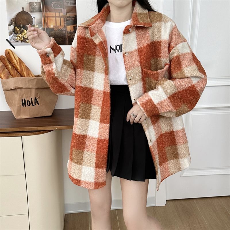 Korean new chic simple plaid grainy contrast plaid shirt loose woolen jacket for women