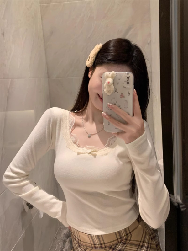 Women's autumn and winter new style T-shirt with chest pad and lace splicing, short long-sleeved bottoming shirt top