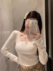 Women's autumn and winter new style T-shirt with chest pad and lace splicing, short long-sleeved bottoming shirt top