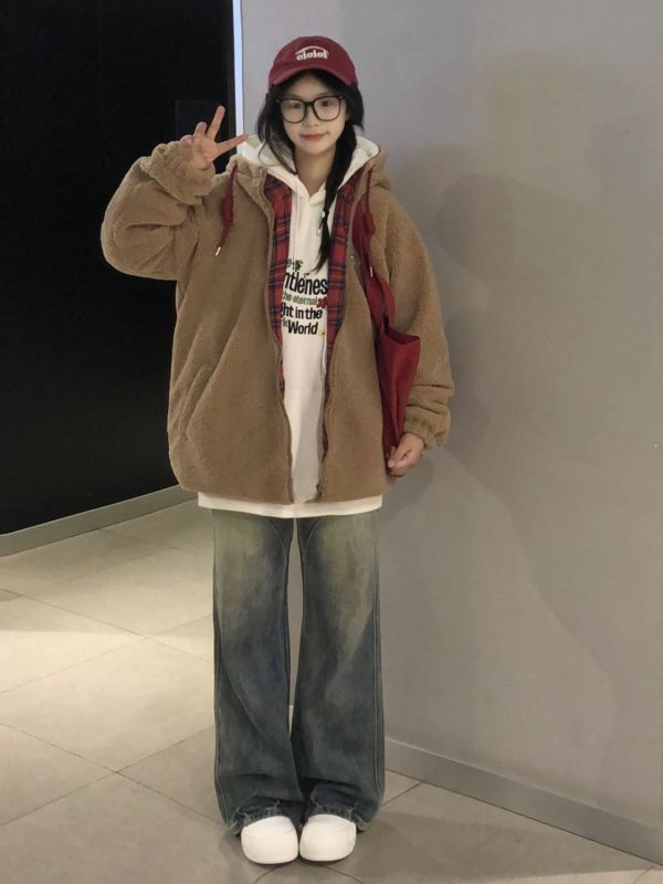American retro lamb wool embroidered plaid splicing hooded jacket for women autumn and winter new loose warm sweatshirt cardigan