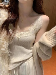 Summer lace camisole bottoming vest with lace design solid color inner top for slimming French chic outer wear