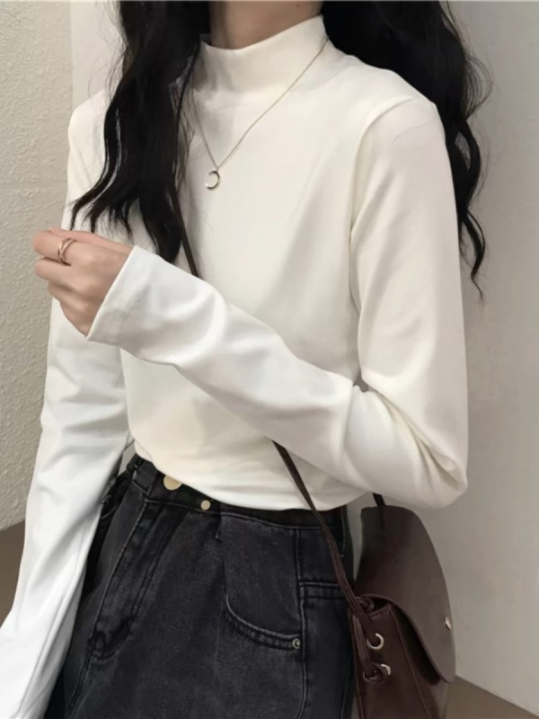 Brushed thickened long-sleeved T-shirt for girls in autumn and winter for junior high school and high school students with velvet inner half turtleneck bottoming shirt top