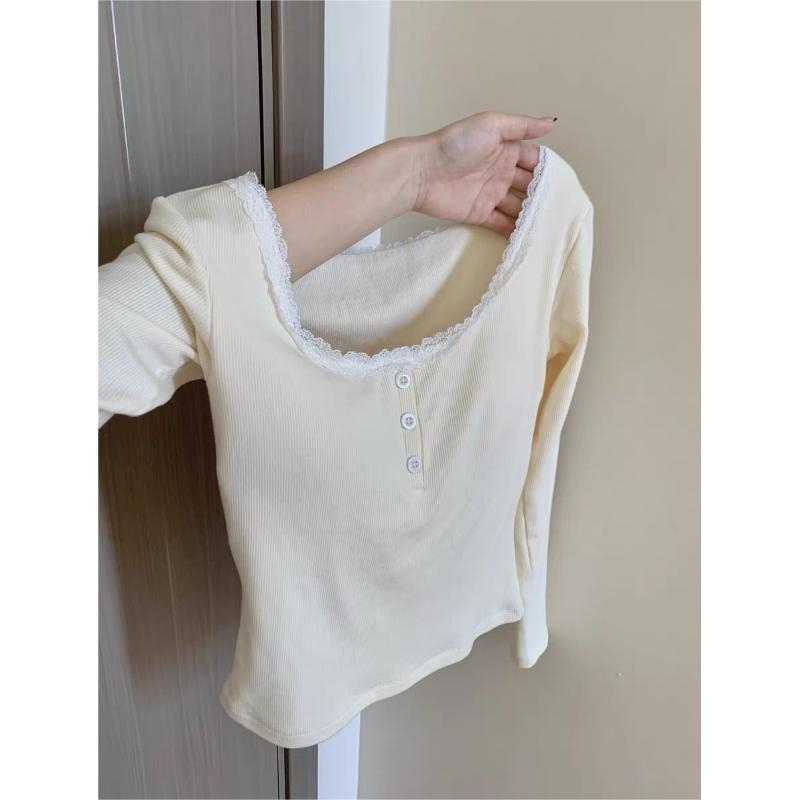 Korean DeRong warm lace edge long-sleeved T-shirt for women autumn and winter slim Korean style short bottoming shirt top