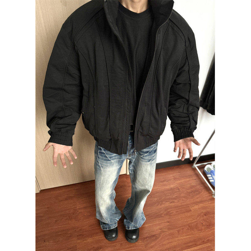 American stand-up collar short cotton jacket for men, fashion brand high street handsome heavyweight deconstructed bomber jacket