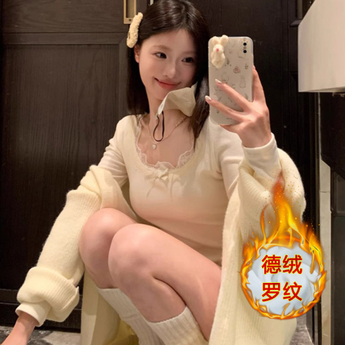 Women's autumn and winter new style T-shirt with chest pad and lace splicing, short long-sleeved bottoming shirt top