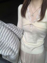 Pure lust style lace splicing twist women's autumn and winter new chic slimming long-sleeved top