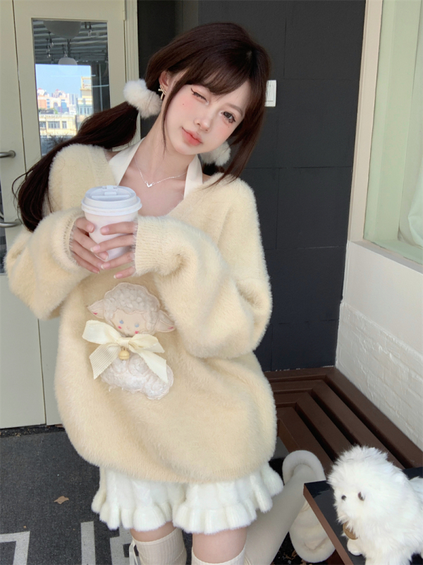 Creamy yellow girly imitation mink V-neck sweater age-reducing mink velvet elastic waist skirt suit