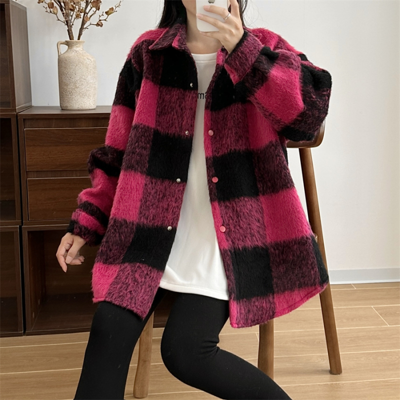 Contrast color plaid woolen coat for women winter new small Korean style loose woolen coat