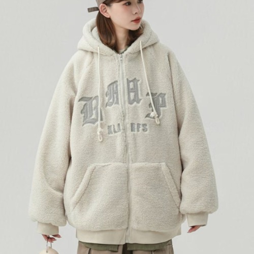 Autumn and winter new lamb velvet hooded jacket for women fat mm student large size loose casual plus velvet thickened top jacket