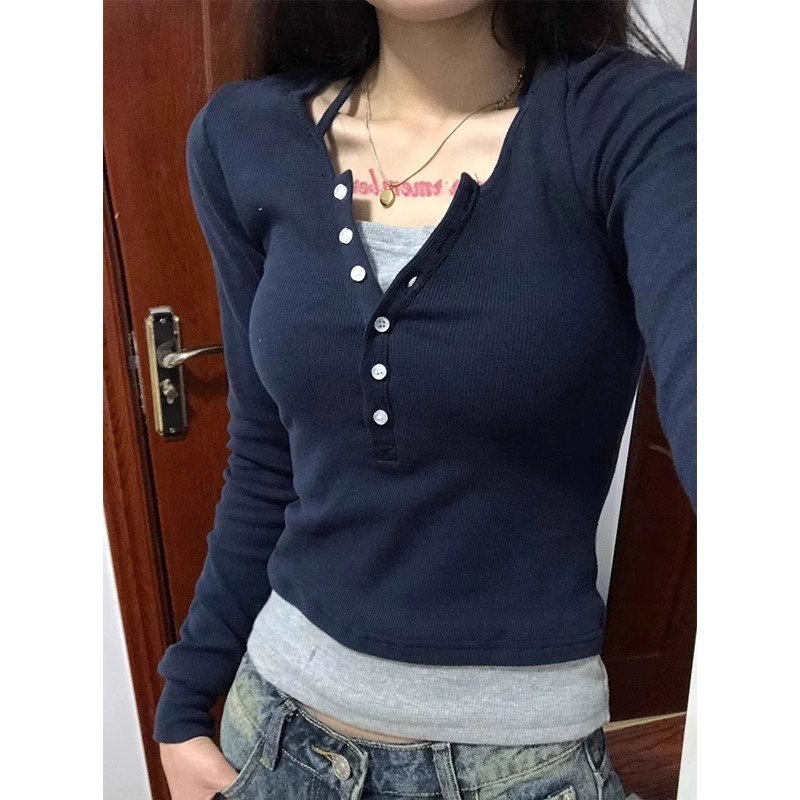 Korean foreign trade new style 92 cotton/8 spandex 40 count 220g pure cotton fake two piece right shoulder long sleeve t-shirt design for women