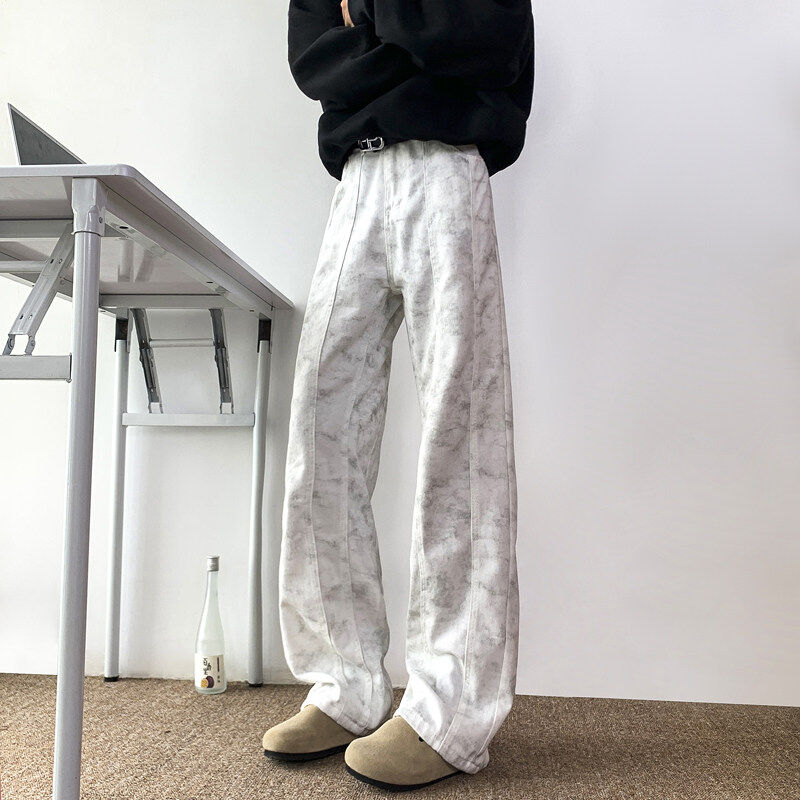 American retro dirty jeans men's loose straight casual pants high street vibe bootcut pants