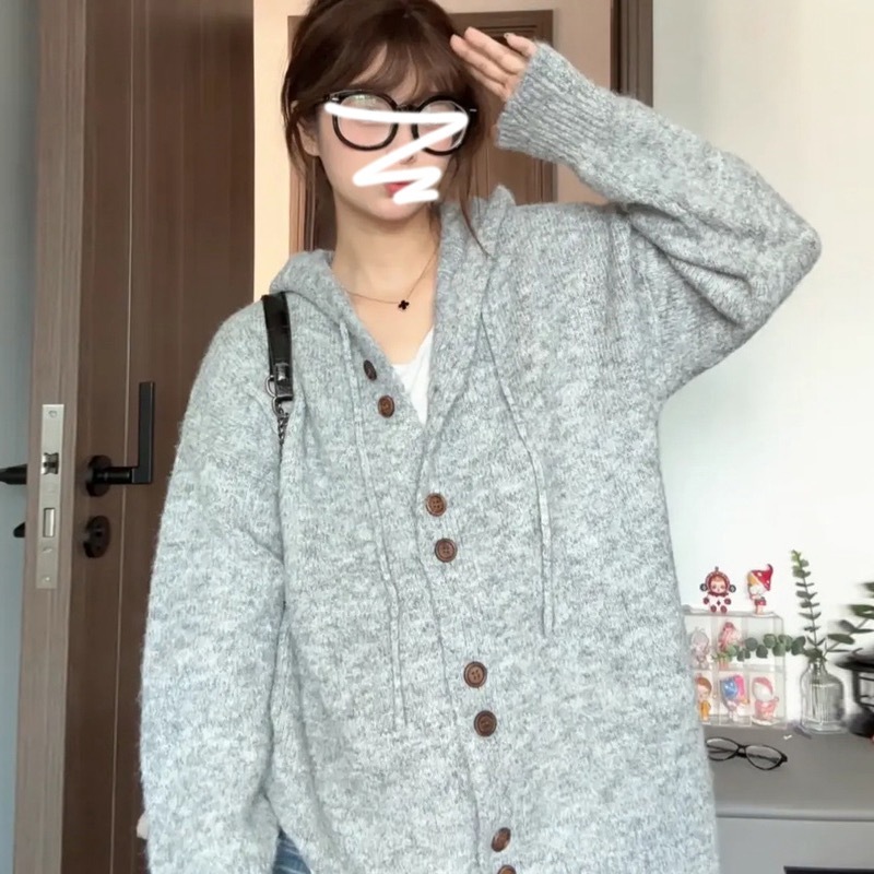 Loose and lazy style solid color hooded sweater jacket for women new style internet celebrity versatile knitted cardigan