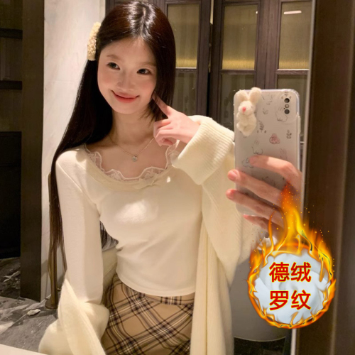 Women's autumn and winter new style T-shirt with chest pad and lace splicing, short long-sleeved bottoming shirt top