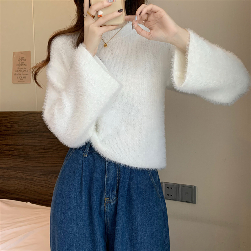New version of lazy style mink-like soft and waxy short knitted sweater