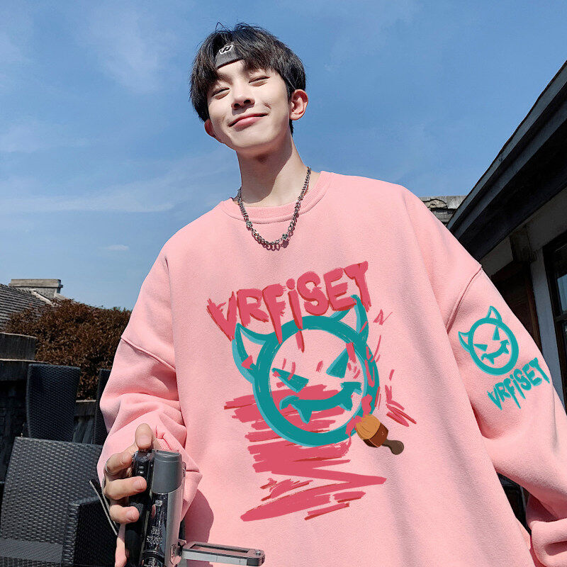 Pink 340g Chinese cotton high quality round neck little devil sweatshirt for men