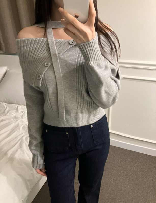 Korean chic winter design and temperament lapel ribbon long-sleeved sweater
