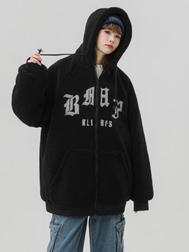 Autumn and winter new lamb velvet hooded jacket for women fat mm student large size loose casual plus velvet thickened top jacket