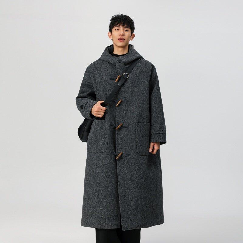 Korean style autumn and winter cotton thickened horn button woolen coat men's hooded windbreaker jacket