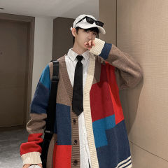 Autumn Hong Kong style new couple's patchwork cardigan sweater men's coat loose plus size plus size