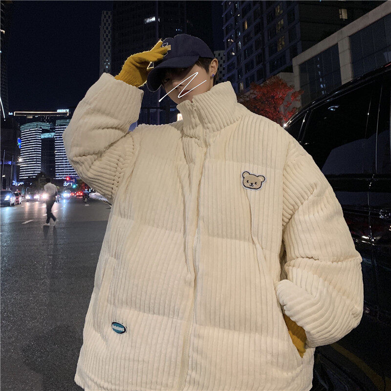 Hong Kong style large size loose high quality corduroy bear embroidered casual cotton coat