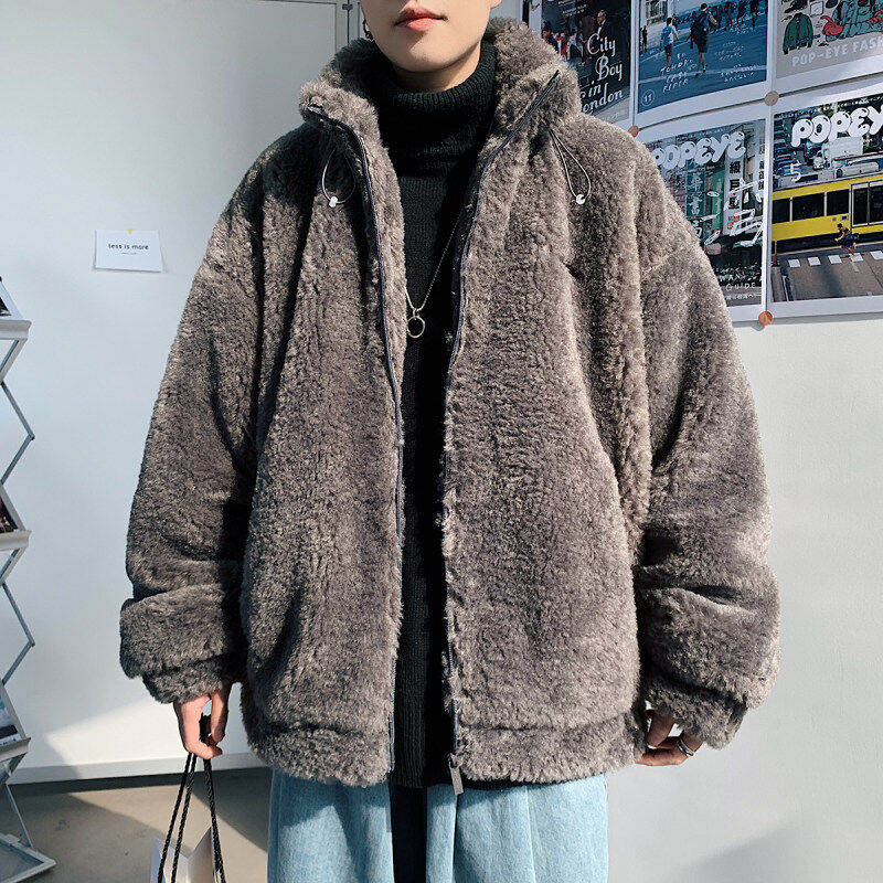 Hong Kong style exterior winter loose and versatile cotton coat for men lamb wool couple cotton coat jacket for men