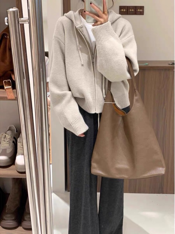 Mmao lazy style hooded knitted cardigan women's short 2024 autumn new solid color zipper sweater jacket loose