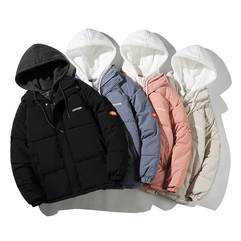 White background flat lay fake two piece hooded cotton coat for men and women