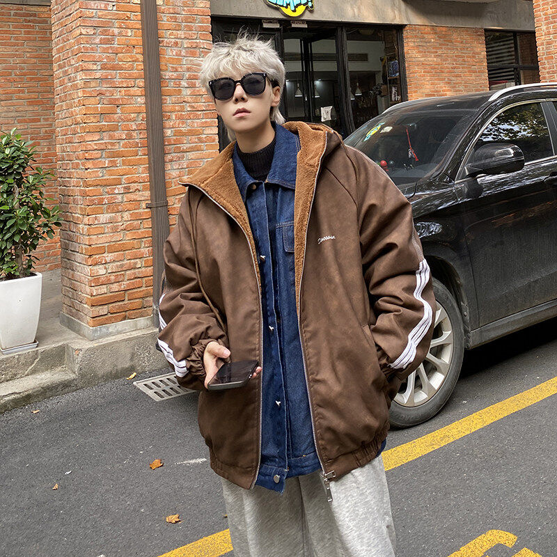 Data American hooded versatile Maillard three-stripe leather jacket with lambswool lining
