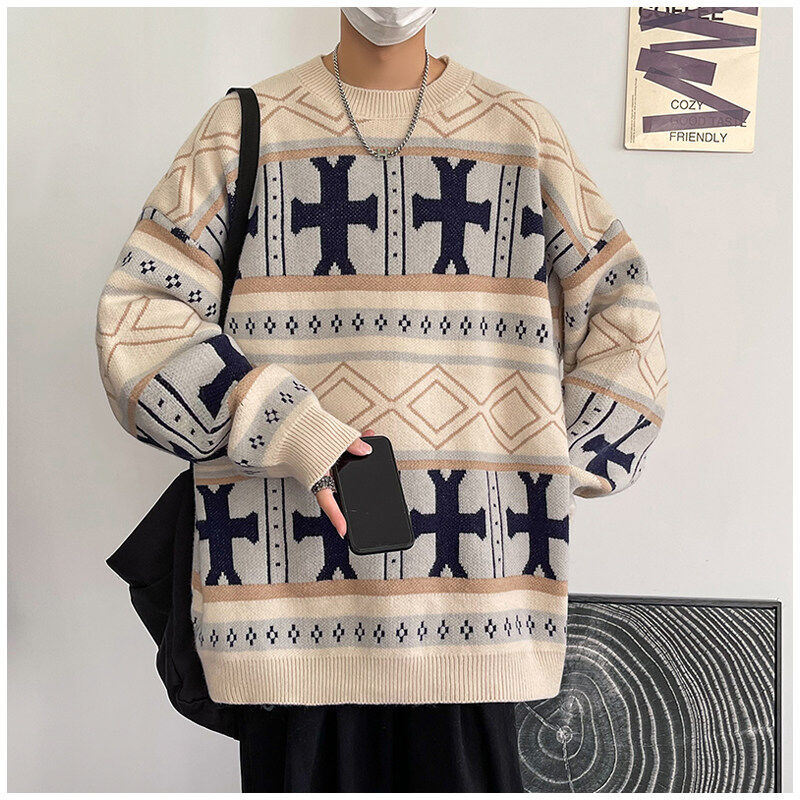 Autumn and winter trendy ethnic style large size knitted sweaters for men and women, lazy style, soft and waxy thickened loose sweaters and coats for fat people