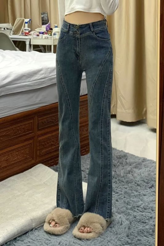 Blue denim bell-bottom pants for women, high-waisted, slim-fitting, two-button split elastic raw edge slightly flared trousers