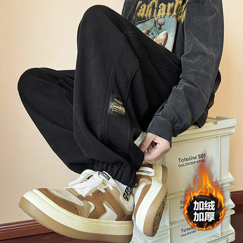 New ins trendy label corduroy plus velvet leggings, personalized fashionable loose casual pants