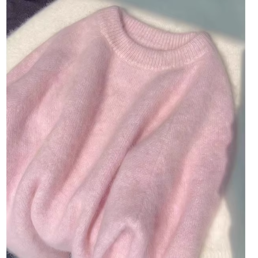 Pink milk fufu mohair knitted pullover sweater for women autumn and winter art raw milk good lazy lazy style soft waxy top autumn