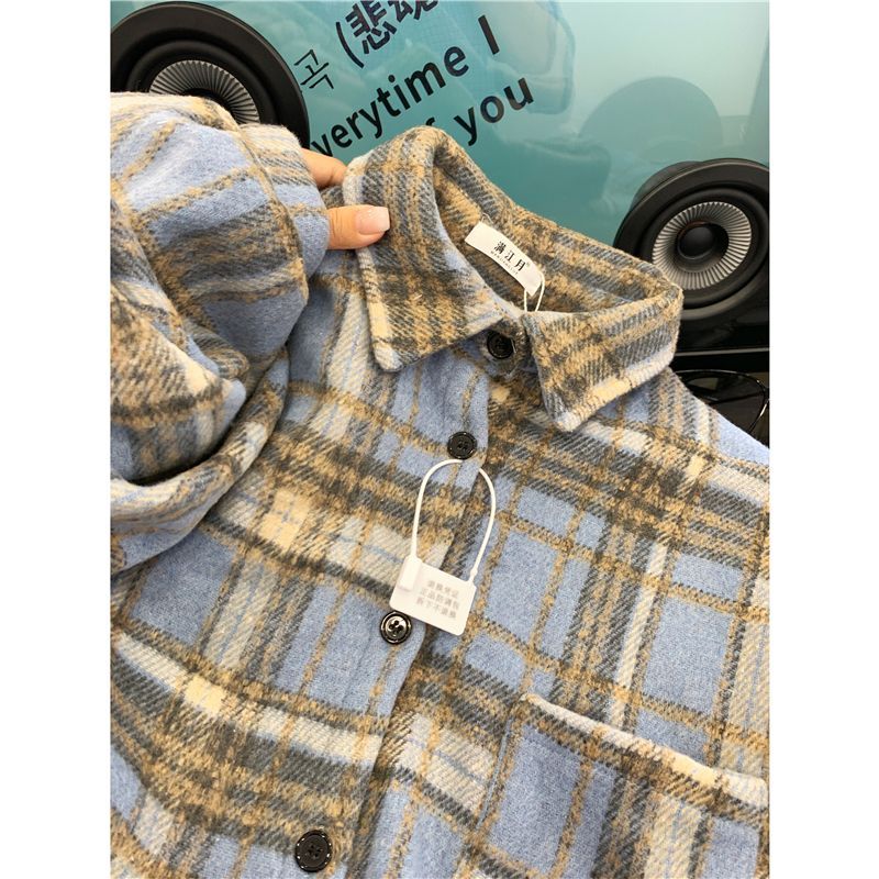 Ready in stock ~ American retro brushed plaid shirt for women, plus velvet, thickened, loose, niche, lazy style, long-sleeved jacket, trendy