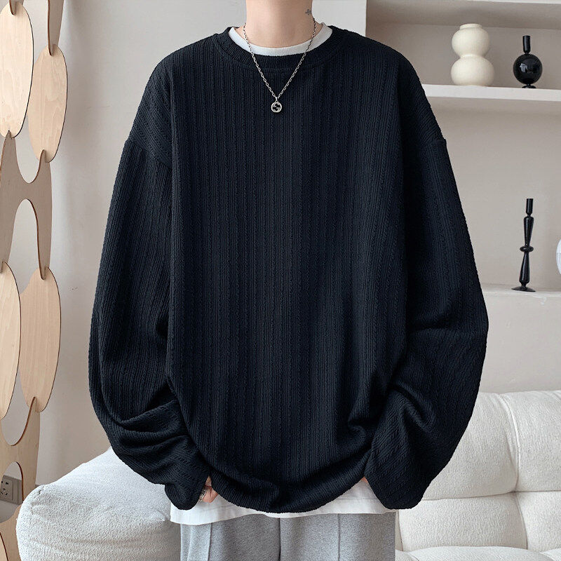 Autumn textured jacquard bottoming sweatshirt men's American trendy long-sleeved T-shirt