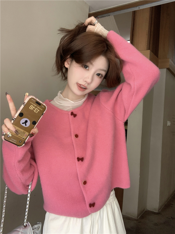 Bow colored button round neck soft waxy knitted cardigan long sleeve jacket top for women