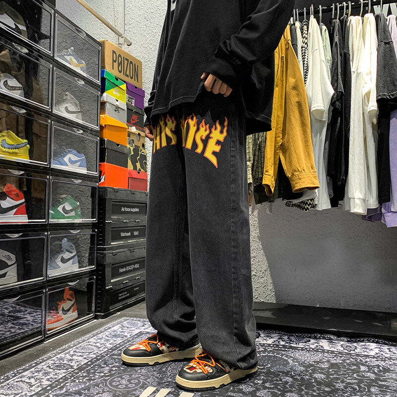 Hong Kong Style Beautiful Trendy Large Size Straight Pants Printed Casual Pants Floor-Mopping Pants