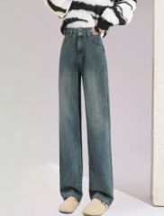 Hip-covering wide-leg jeans for women in autumn and winter, high-waisted, slim, versatile, loose and drapey, plus velvet and thickened, retro straight trousers