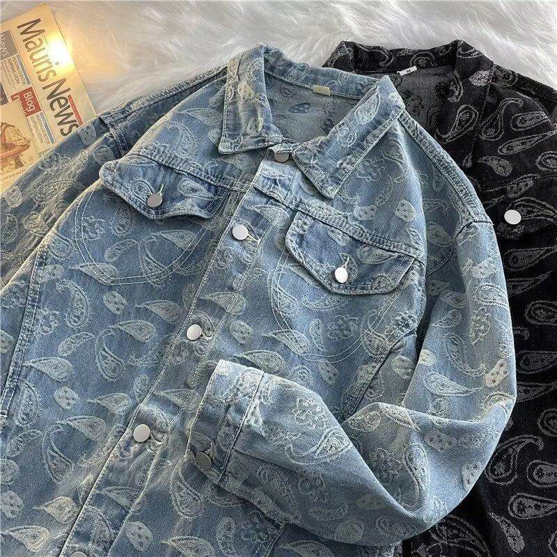 Spring cashew flower denim jacket men's trendy European and American street large size work jacket