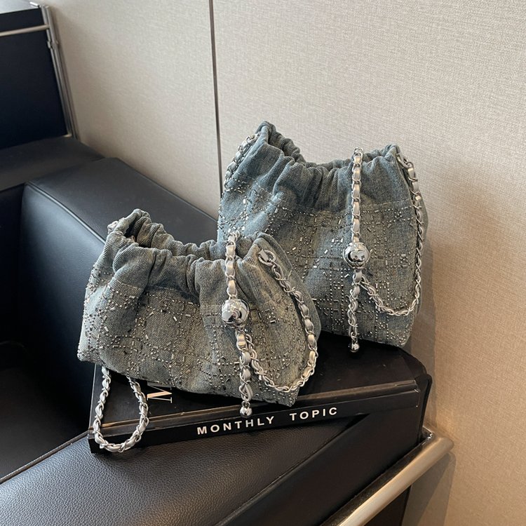 Pleated armpit small bag for women 2024 new fashion denim bright diamond bucket bag summer versatile chain crossbody bag