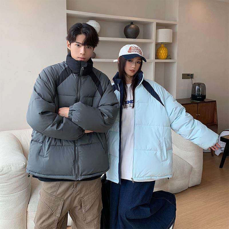 Stand collar American loose bread coat trendy brand thickened color block cotton padded jacket for teenagers
