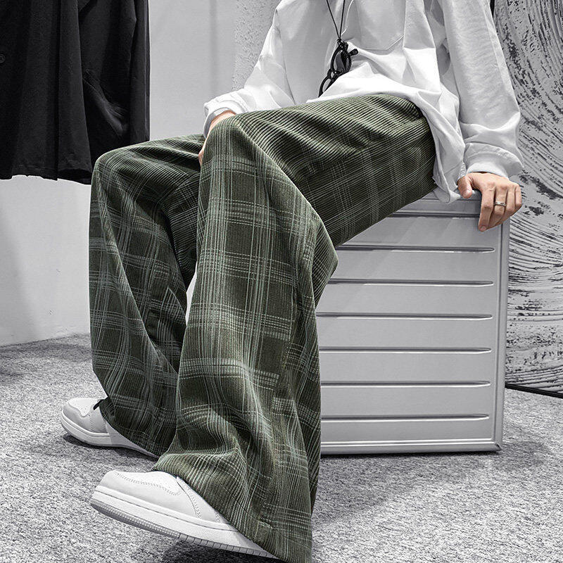 New autumn clothing Hong Kong style youth casual corduroy plaid straight pants