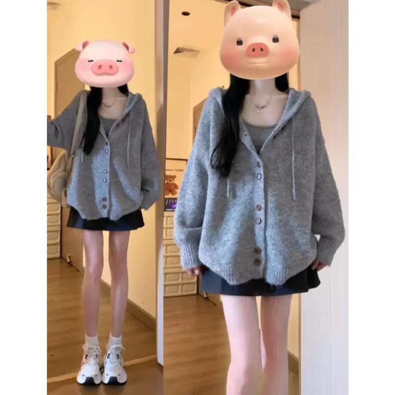Gray hooded sweater cardigan coat for women autumn Korean style loose soft waxy lazy style sweater top winter