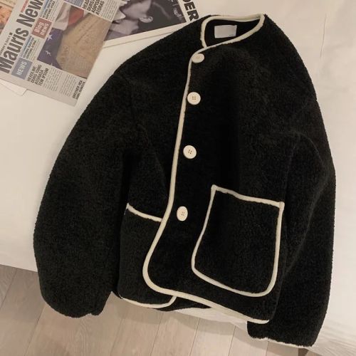 Round neck lamb wool coat for women 2024 new autumn Korean style loose lamb wool top for small people