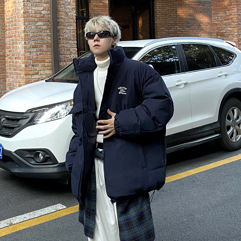 Winter fashion Hong Kong style solid color couple's cotton coat thickened jacket embroidered small label simple style