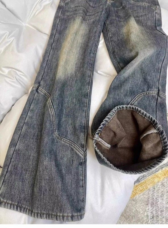 American-style low-leg bootcut jeans for women in autumn and winter, new velvet design, versatile, slimming, loose wide-leg pants