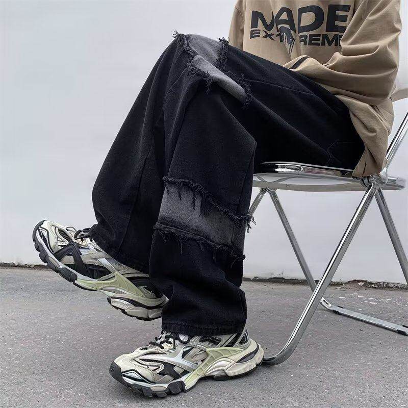 Black spliced ​​straight jeans for men in autumn and winter new style American retro street loose wide-leg trousers