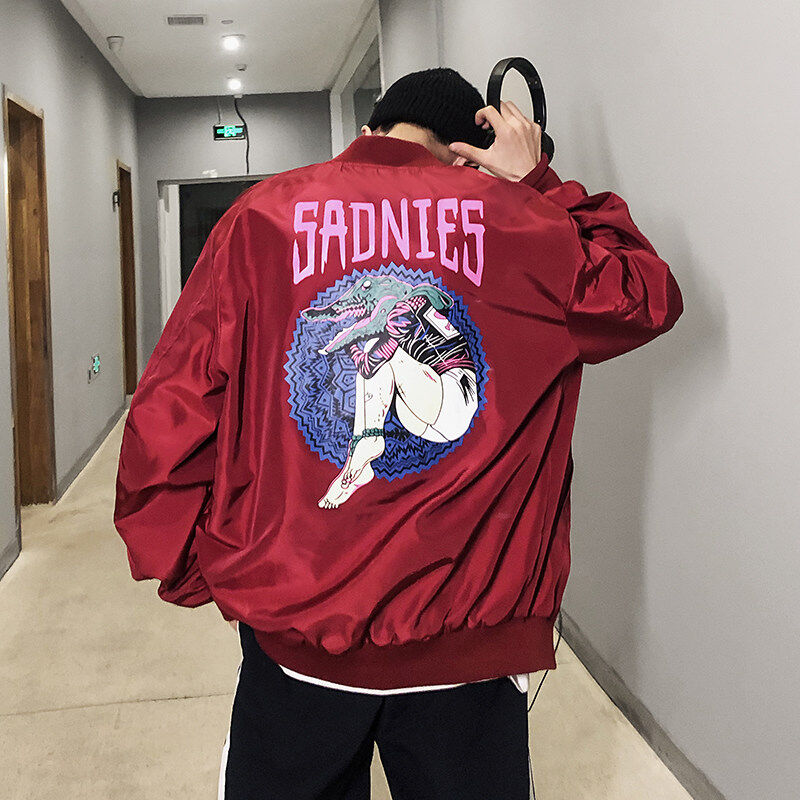 Autumn and winter trendy Hong Kong style retro cartoon print work jacket stand collar jacket