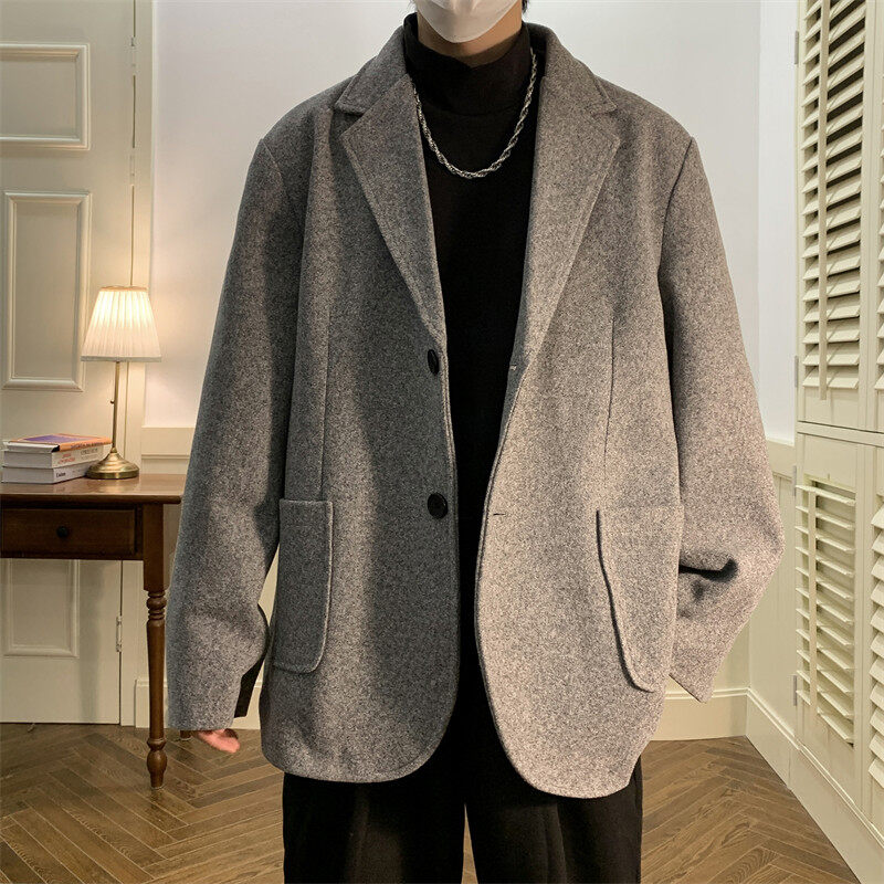Winter new slit woolen suit men's loose jacket top woolen coat