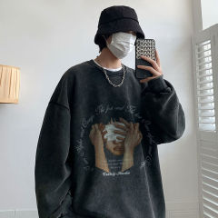 Autumn large size printed creative washed and distressed loose round neck sweatshirt