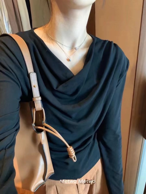 Short irregular v-neck long-sleeved t-shirt for women autumn slim-fitting bottoming shirt with inner top